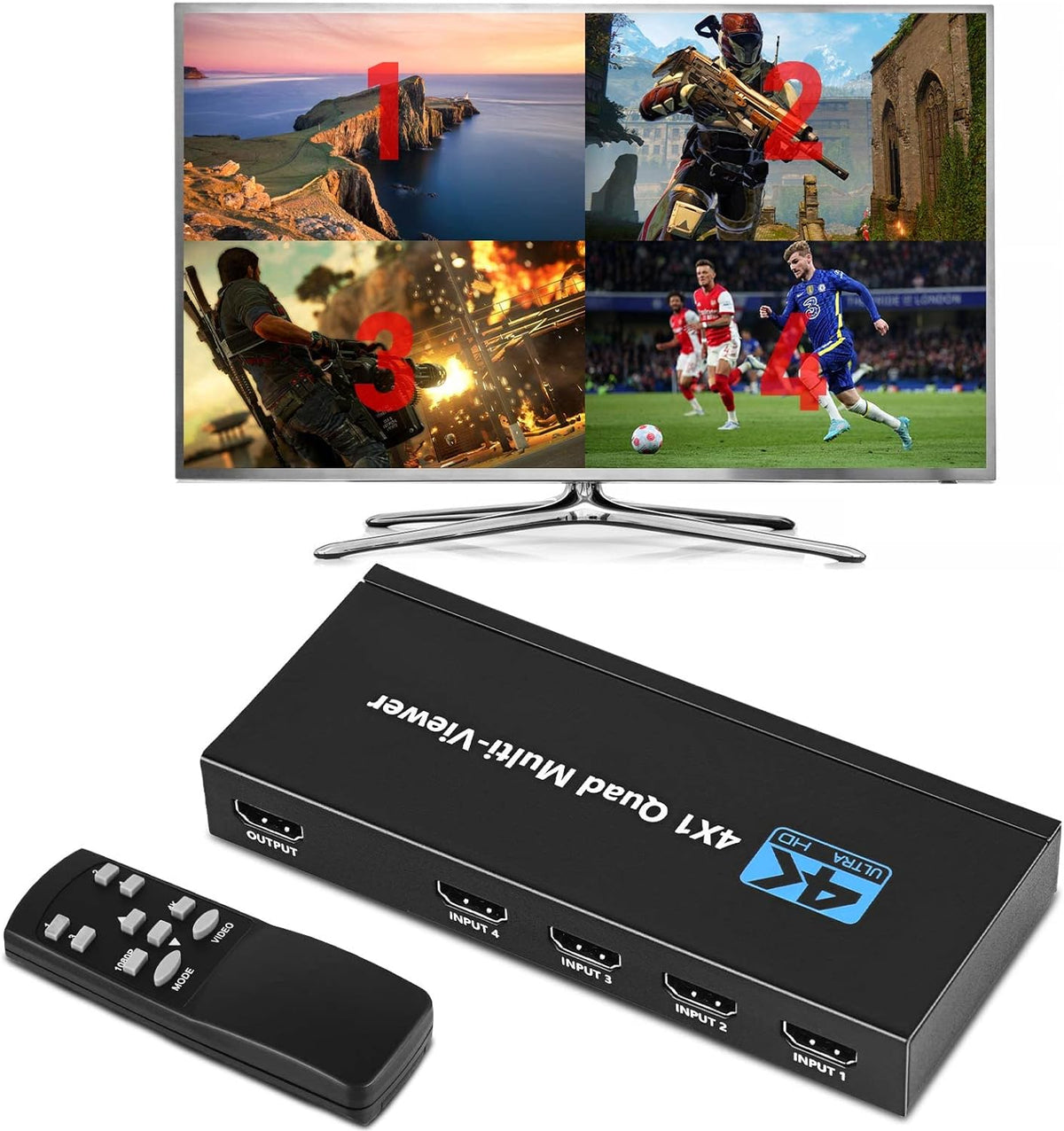 HDMI Multiviewer Switch 4x1,Tendak HDMI Quad Multi-Viewer with Seamless Switch, Split Screen,5 Display Modes,with IR Remote/Software/Push Button Selector for Security Camera, Gaming Consoles