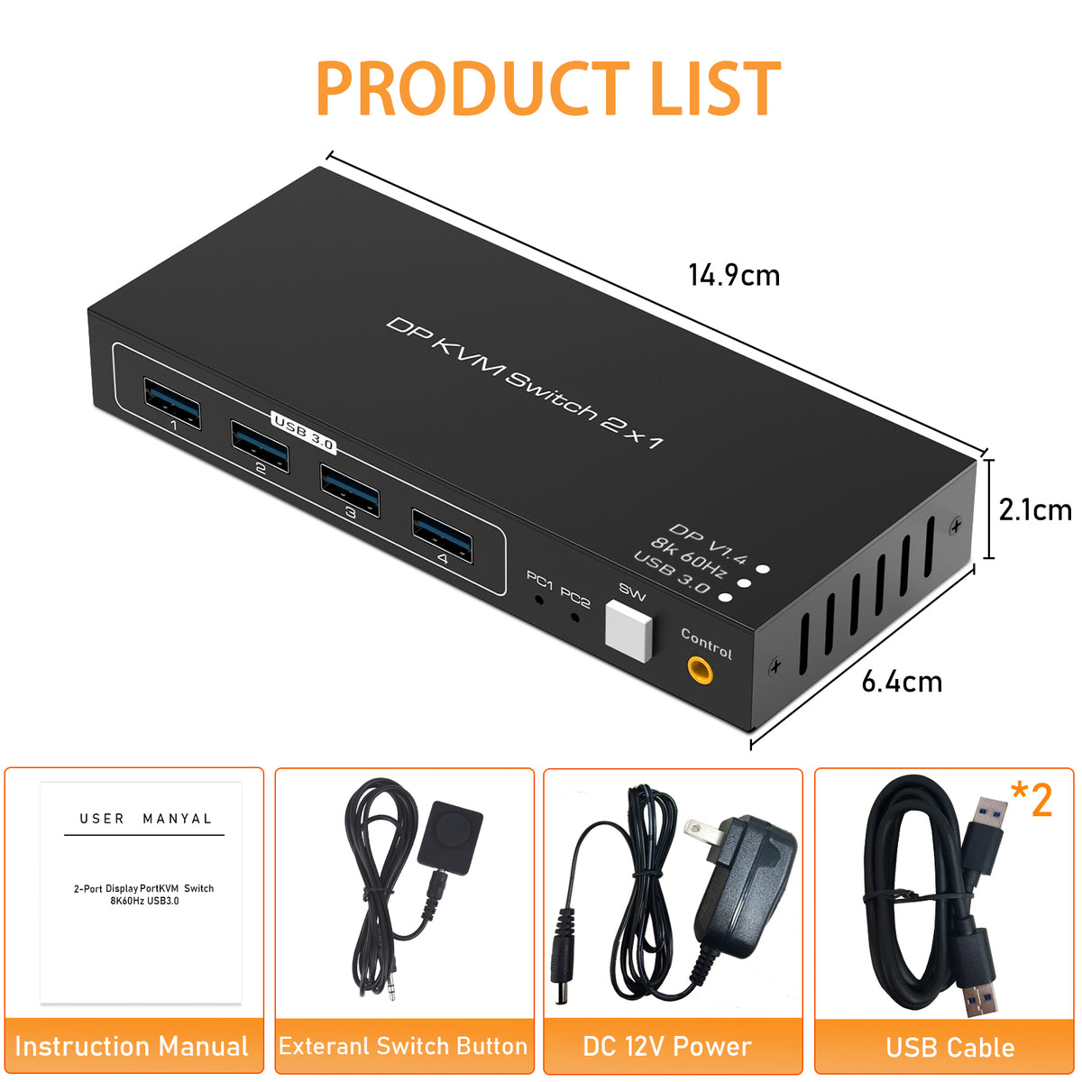 KVM Switch Display Port, Tendak 8K@60HZ 2 Port DP KVM Switch with 4 USB 3.0 Port, 2 Computers Share 1 Monitors DP 1.4 PC Keyboard Mouse Switcher with USB Cable, Desktop Controller and Power Adapter