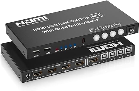 4 Port HDMI Multiviewer KVM Switch, Tendak 4K@30Hz HDMI Switcher Selector 4 in 1 Out Quad Multi-Viewer Switcher with 6 Display Modes, IR Remote Control for PC/Security Camera/Gaming Consoles