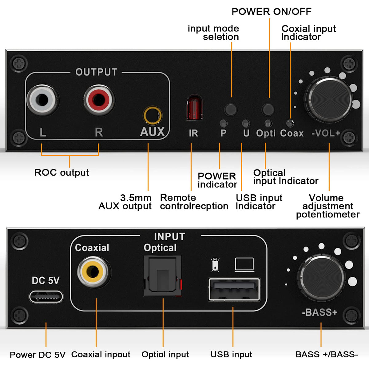 Tendak USB Audio Converter,192KHz DAC Digital to Analog Converter with Volume Control,Bass Adjustment,Remote Control,USB Optical SPDIF Coaxial to Analog Stereo RCA L/R and 3.5mm Jack Audio Adapter