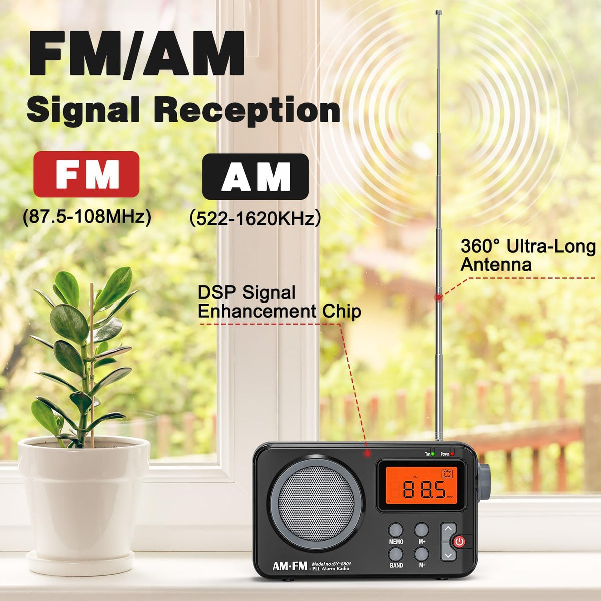 Tendak FM AM Radio Small with Large Display, Timing Function, Alarm Clock, Transistor Radio with USB Power Supply / Battery Operated