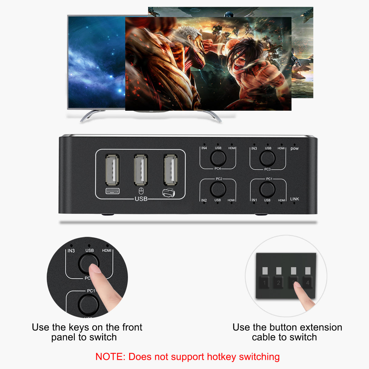 HDMI KVM Switch, Tendak 4K HDMI 4 in 1 Out KVM Switch Box Keyboard Mouse Printer Switcher Include 4 USB Type-B Cable Support 4K@60Hz, EDID/HDCP 2.2 3D for Laptop PS4 Xbox one HDTV Monitor