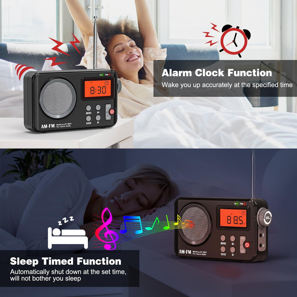 Tendak FM AM Radio Small with Large Display, Timing Function, Alarm Clock, Transistor Radio with USB Power Supply / Battery Operated