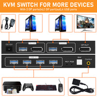 KVM Switch Display Port, Tendak 8K@60HZ 2 Port DP KVM Switch with 4 USB 3.0 Port, 2 Computers Share 1 Monitors DP 1.4 PC Keyboard Mouse Switcher with USB Cable, Desktop Controller and Power Adapter