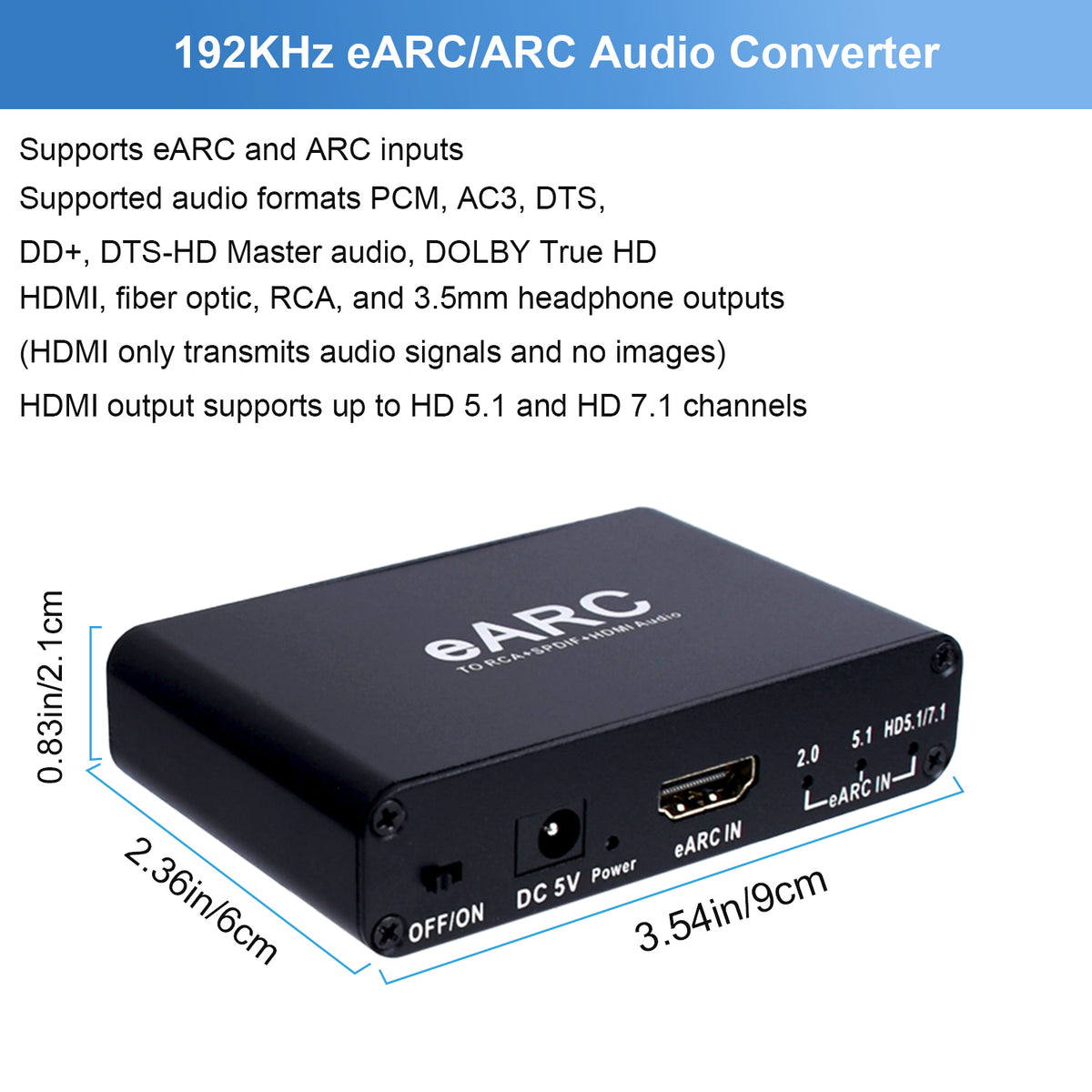 192KHz eARC/ARC Audio Converter, HDMI eARC/ARC Audio Extractor to HDMI, SPDIF/Optical, L/R or 3.5 mm Jack Stereo, Digital to Analog Audio Converter