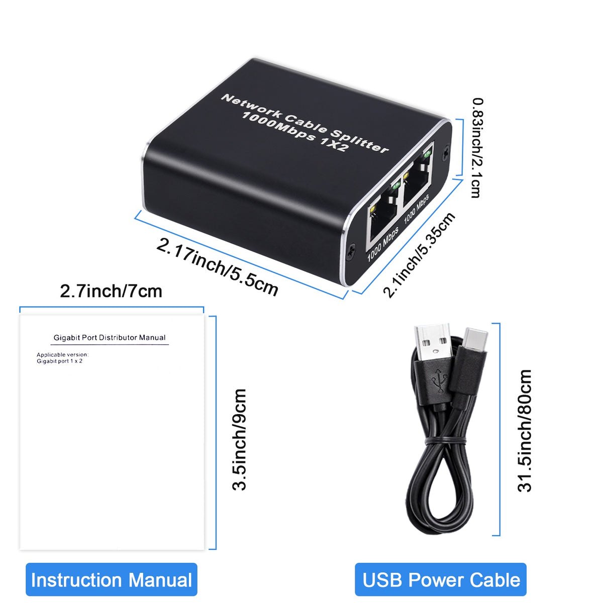 Tendak Ethernet Splitter 1 to 2, 1000Mbps Ethernet Splitter High Speed, Gigabit RJ45 Internet Splitter with USB Power Cable, Network LAN Splitter for Cat5/5e/6/7/8 [2 Devices Simultaneous Networking]