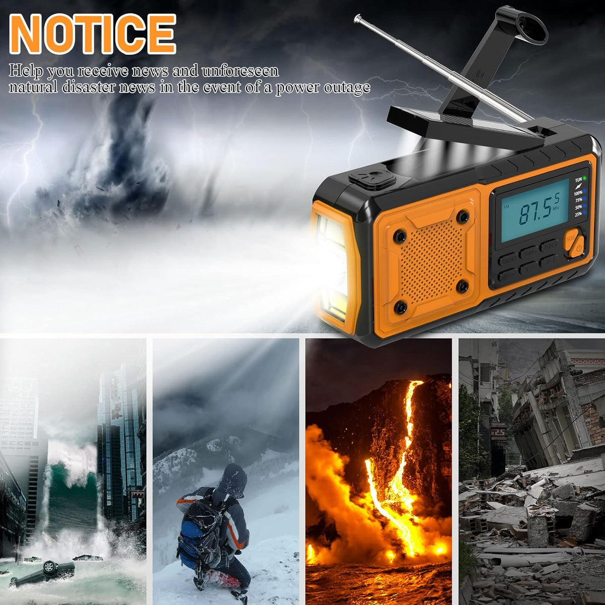 Tendak Crank Radio with Mobile Phone Charging Function, Emergency Radio FM AM SW with 4000 mAh Rechargeable / SOS Alarm / Torch & Reading Lamp, Solar Radio for Camping, Ourdoor