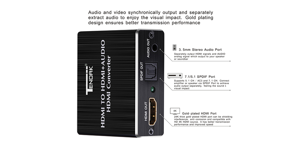 HDMI™ Audio Extractor - Digital and Stereo - 1x HDMI™ Input - 1x HDMI™  Output + TosLink + 3.5 mm - DJMania