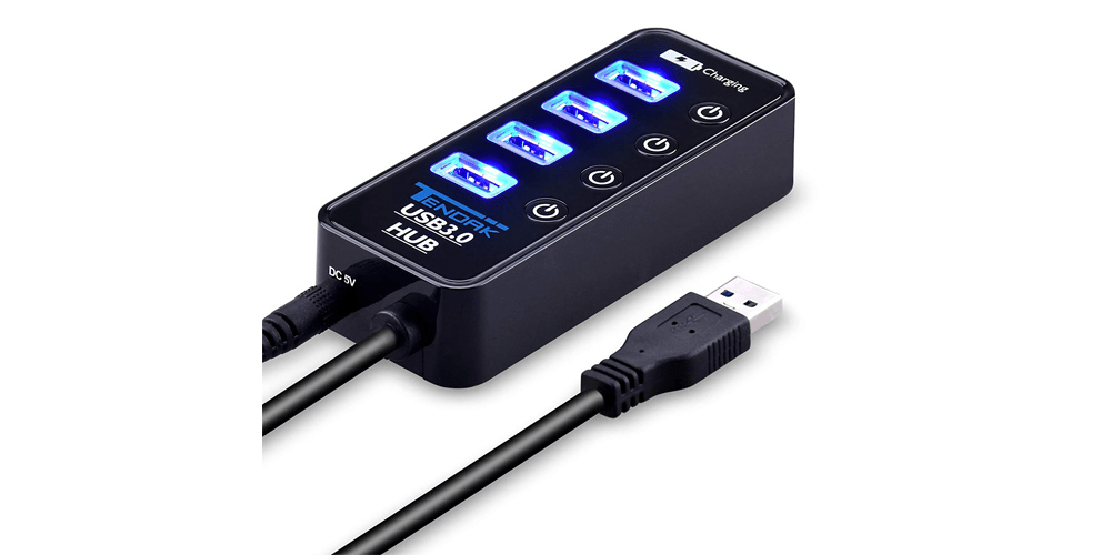 USB 3.0 hub with 4 ports and on/off switches - external power supply  possible - black